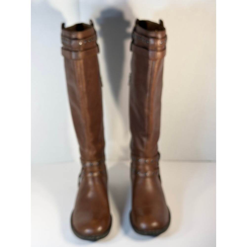Born Brown Leather Knee High Riding Boots Studded Buckle Straps Tall Moto